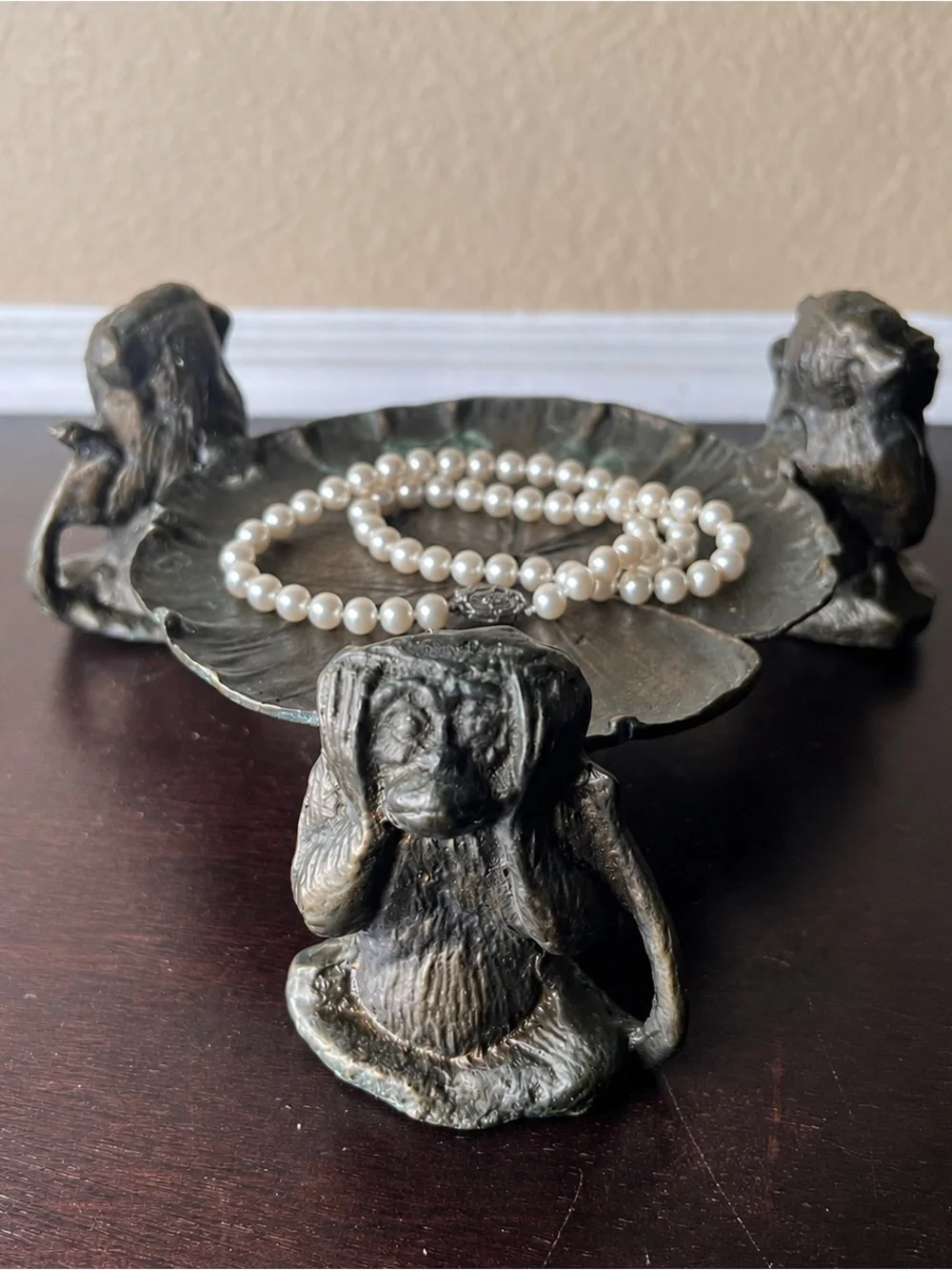 Vintage Bronze Three Wise Monkeys Lily Pad Trinket Tray
